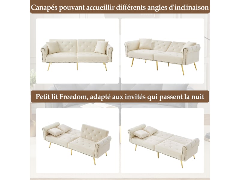  Canapé convertible 2 places velours beige pieds métal doré  - Conforama E