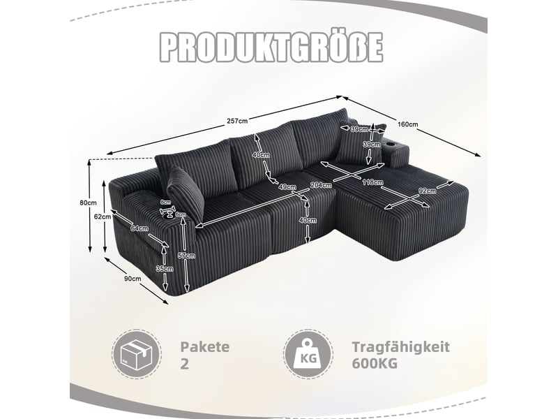  Canapé modulable modenvie 3 places avec méridienne velours côtelé gris 257 x 160 cm  - Conforama C