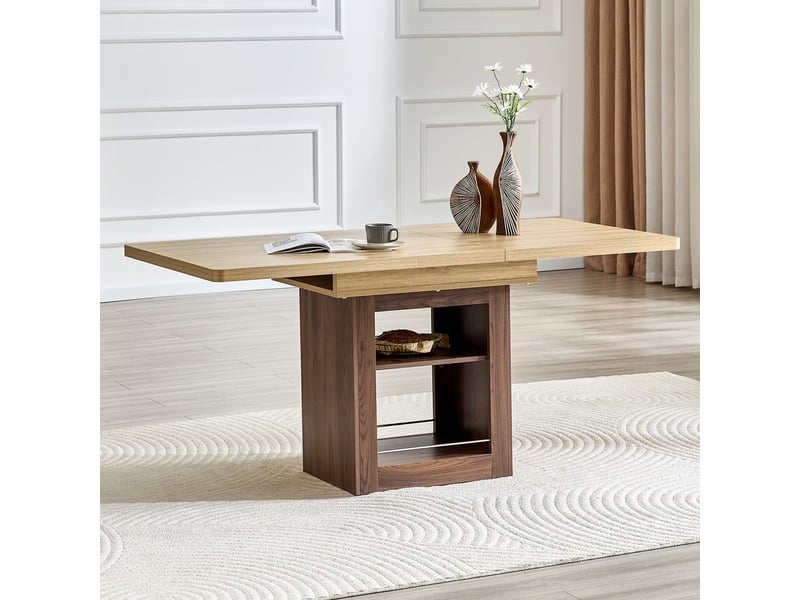  Table extensible imitation bois avec rangement intérieur en mdf teinte noyer dimensions 130 cm ou 160 cm idéale pour petits espaces 4 à 8 personnes  - Conforama B