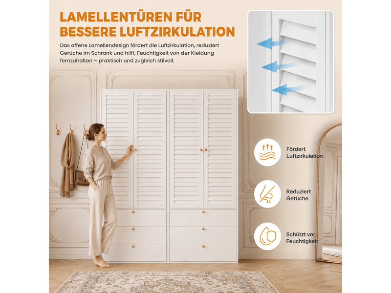  Armoire 4 portes 180x50x200 cm, penderie avec 2 tringles, 6 tiroirs, portes à lamelles, panneaux de particules, blanc OMNIGLINT TRADING LTD - Conforama E