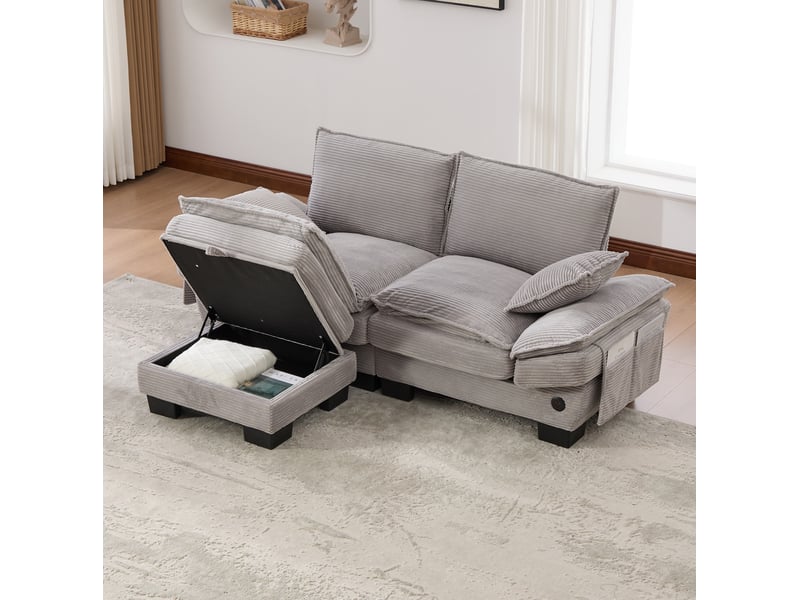  Canapé 2 places en velours côtelé gris clair avec pouf de rangement et usb-c  - Conforama D