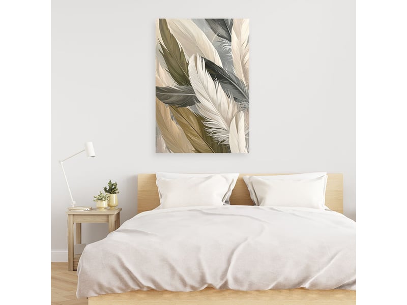 Tableau moderne, plumes d'oiseaux beiges et vert olive 40x60 1334479837 - Conforama B