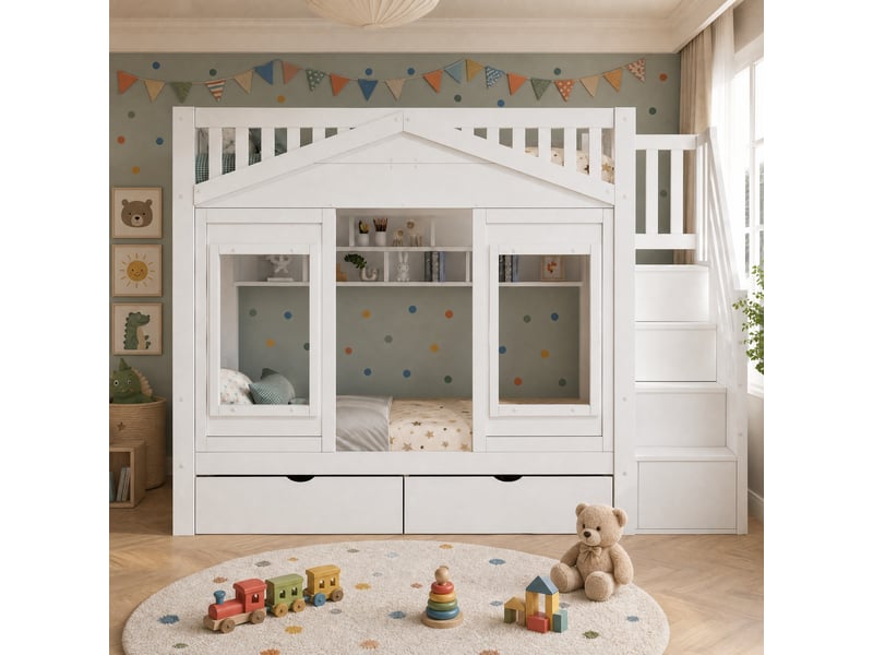  Lit superposé enfant 90 × 200 cm avec escalier de rangement, tiroirs, niches ouvertes et barrières de sécurité, blanc  - Conforama B