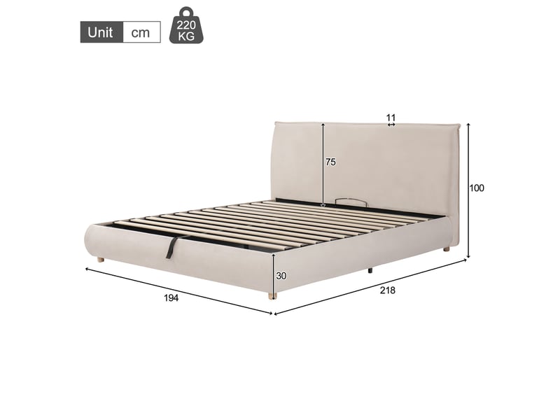  Lit coffre 180x200 cm avec sommier hydraulique, tête de lit rembourrée et pieds bois massif, velours crème BUYDEEMEUS - Conforama D
