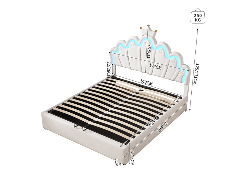  Lit double 140x200cm, lit coffre avec espace de rangement, tête de lit réglable, led et sommier, pu blanc,sans matelas  - Conforama D