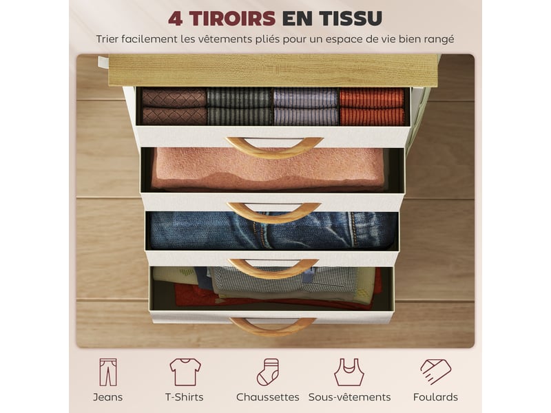  Commode 4 tiroirs en tissu, meuble de rangement avec 4 poches, 2 crochets, structure en acier, 45 x 30 x 94,5 cm, beige  - Conforama D