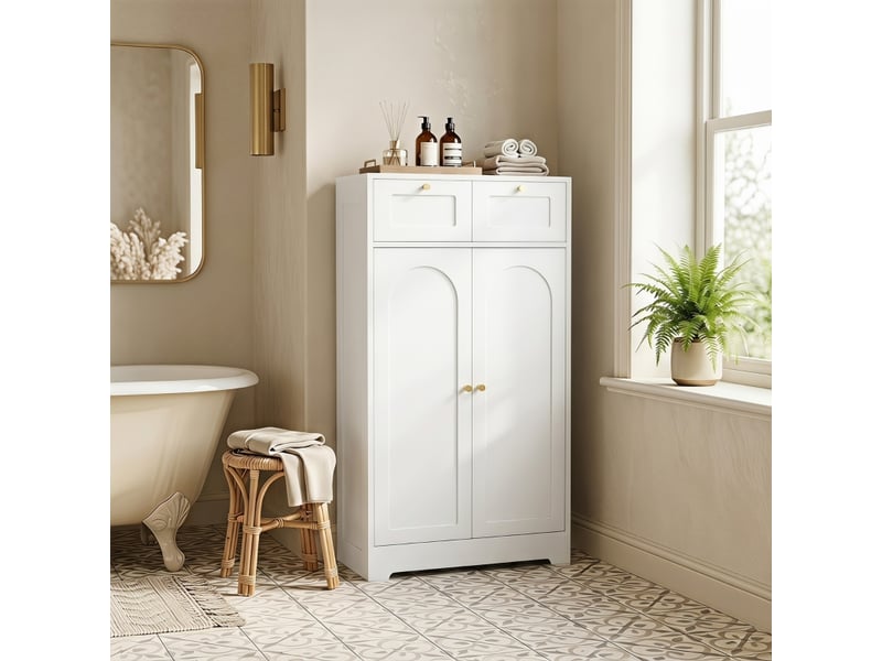  Meuble de salle de bain étroit avec 2 tiroirs et étagère réglable, 60 x 30 x 108 cm, blanc  - Conforama B