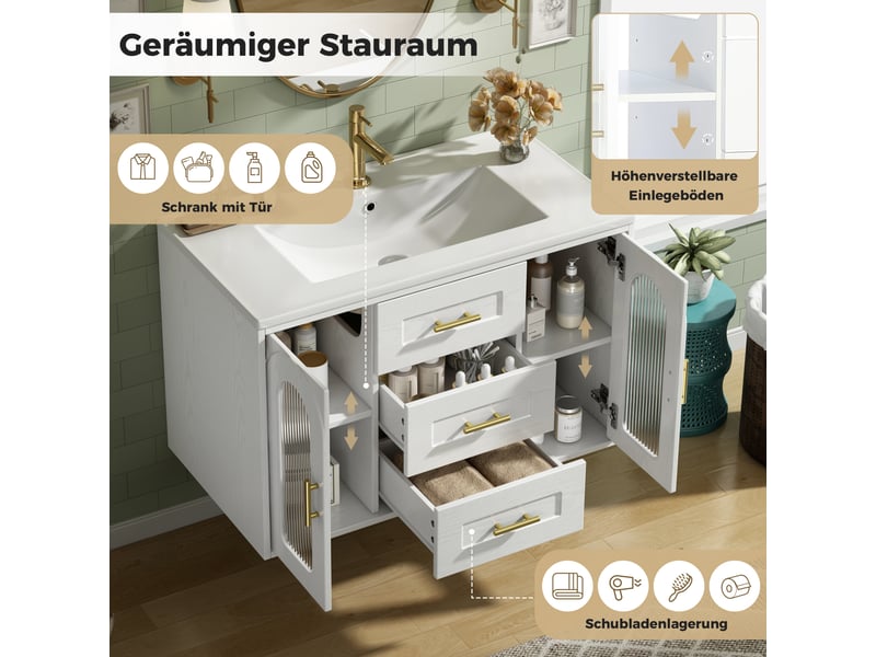  Meuble salle de bain suspendu 76 cm avec vasque céramique, blanc effet bois et portes en verre strié  - Conforama D