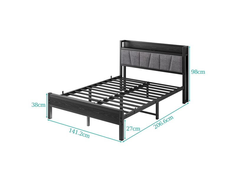  Lit jeune 140x190 cm tête de lit haute, 13 lattes, prise, usb, avec éclairage led, rangement sous le lit, mdf métal, noir sans matelas  - Conforama C