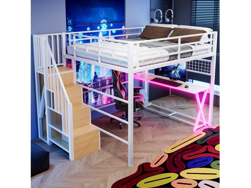  Lit mezzanine 160x200 cm bureau dressing, escalier rangement, led télécommandée, métal mdf blanc sans matelas  - Conforama D