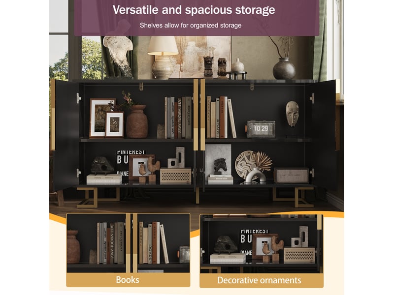 Buffet bas noir en mdf – 2 portes, 4 compartiments, détails dorés – 152 x 40 x 75 cm - Conforama E