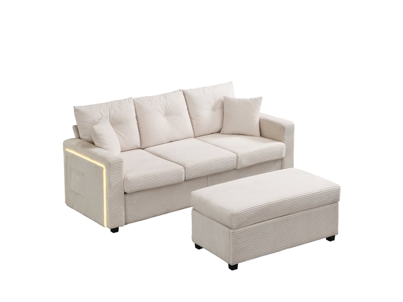  Canapé d'angle modulable et canapé 3 places avec pouf, canapé forme l en velours côtelé doux avec éclairage led intelligent.  - Conforama A