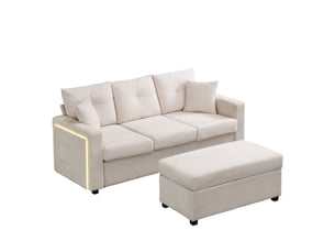 Canapé d'angle modulable et canapé 3 places avec pouf, canapé forme l en velours côtelé doux avec éclairage led intelligent.