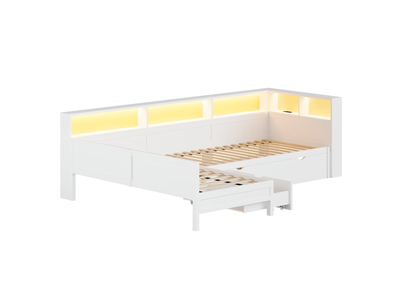 Lit plateforme en l 90x200 cm avec lit gigogne, tiroir et led coloris blanc - Conforama A