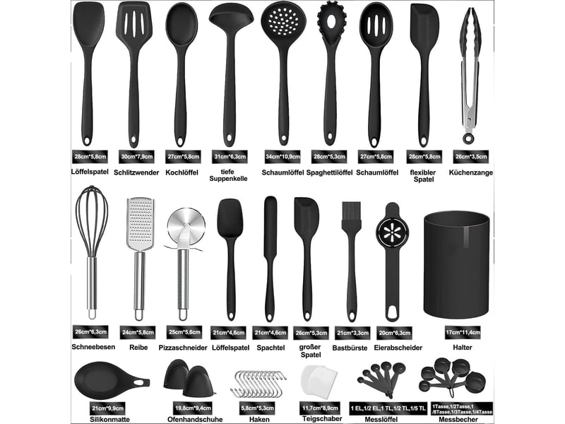  Set d'ustensiles de cuisine 43 pièces en silicone avec rangement noir chicfurn  - Conforama C