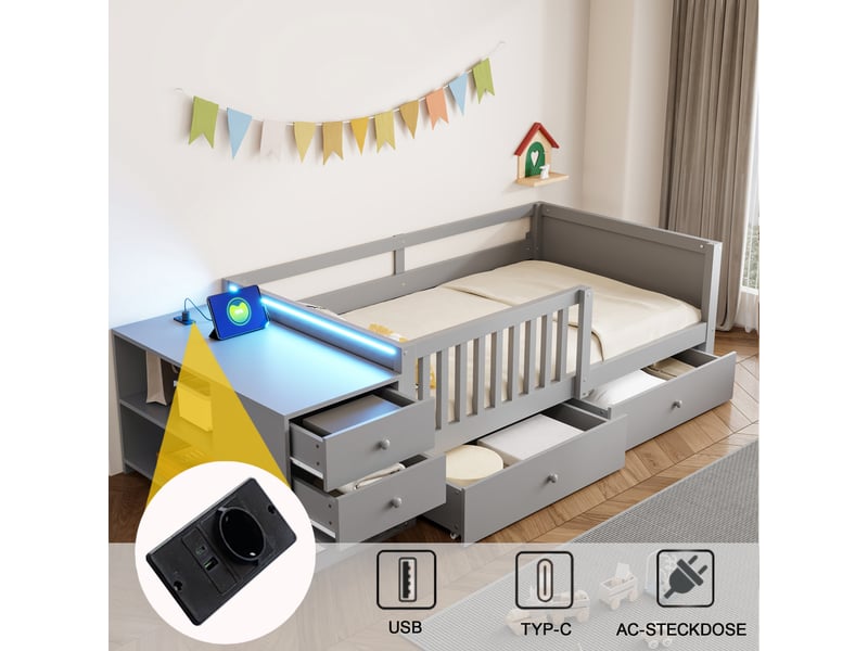  Lit enfant 90x200 cm gris avec rangement indépendant, bureau, prise, led, 2 tiroirs et étagères  - Conforama E