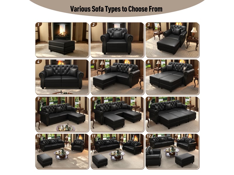 Salon chesterfield 6 places avec pouf en simili cuir noir, 210 cm Fay Lum - Conforama E
