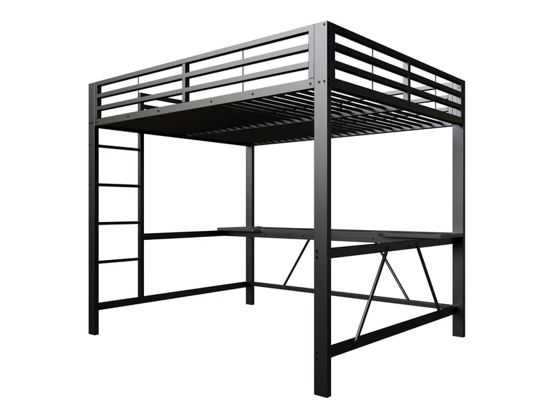  Lit mezzanine double 160×200 cm bureau, led et usb  - sans matelas, métal et mdf noir  - Conforama E