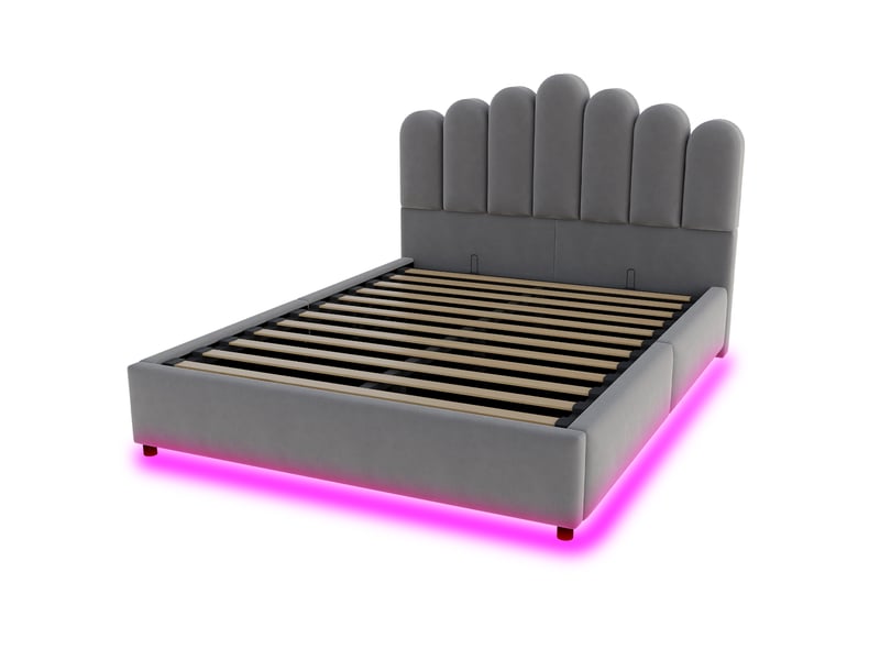  Lit double velours gris 140x200 cm avec rangement hydraulique, led et tête de lit rembourrée  - Conforama A