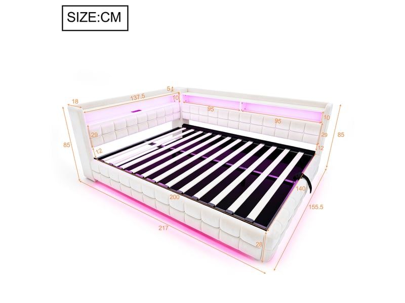  Lit coffre hydraulique 140x200 cm avec rangements, led et prises usb-c, velours beige, sans matelas  - Conforama C