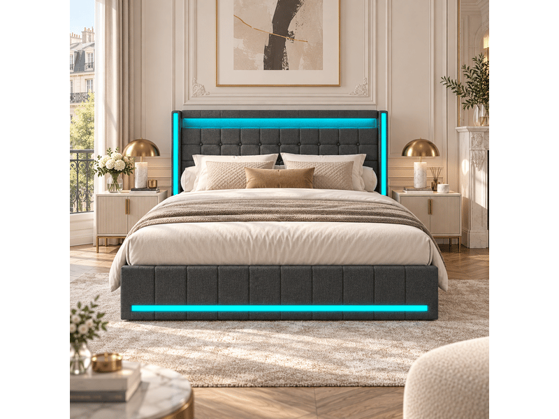 Lit 140 x 190 cm, lit led double 140 x 190 cm avec ports usb et type c, 4 tiroirs,lit 2 personnes pour adultes,lin,gris - Conforama W