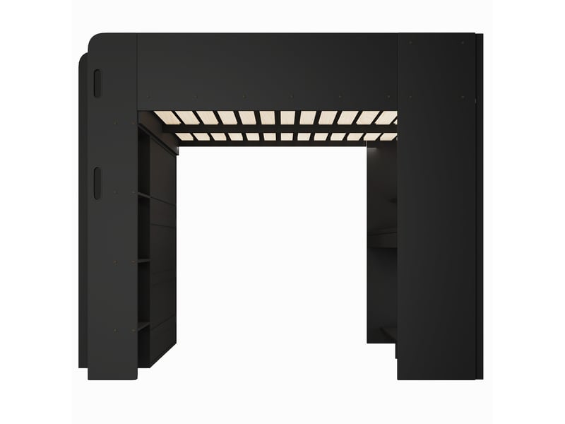  Lit mezzanine gaming 140x200 cm noir en bois, avec bureau, armoire ouverte, led, usb et rangements, sans matelas  - Conforama E