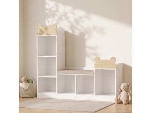 Bibliothèque enfant, meuble rangement enfant 3 en 1 avec banc, 6 compartiments, 2 étagères, blanc, coussin d'assise