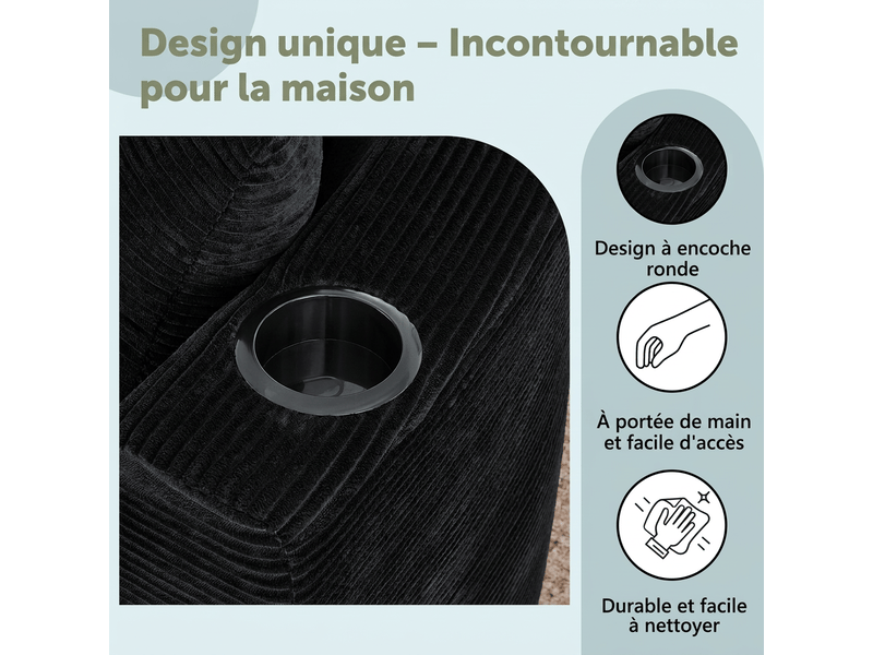  Canapé 3 places avec méridienne droite design incurvé velours côtelé doux porte-gobelets  - Conforama D