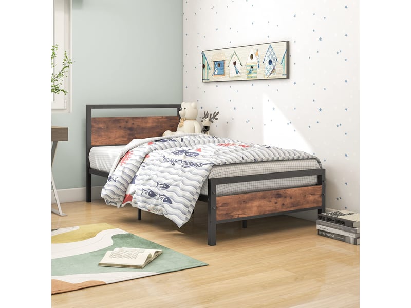  Cadre de lit, lit enfant 90x200 cm, rangement intégré, métal et bois brun, sommier à lattes  - Conforama D