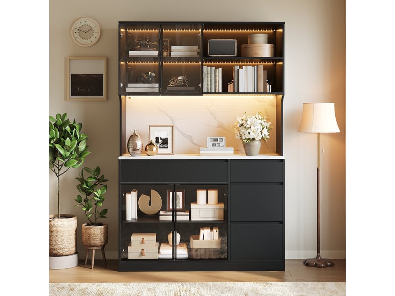  Vitrine buffet 120x40x180cm grand rangement multi-niveaux mdf noir blanc surface marbre optique élégante design contemporain  - Conforama B