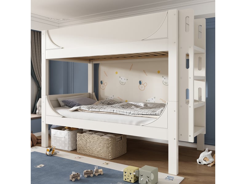  Lit superposé enfant 90x200cm - lit séparable - 2 lits simples - échelle réversible - forme traîneau - bois massif - en747 - blanc  - Conforama B
