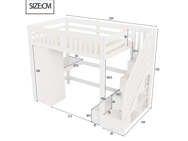  Lit mezzanine 140x200 cm, banc, armoire, éclairage avec éclairage led, bureau, escalier avec rangements, bois blanc sans matelas  - Conforama C