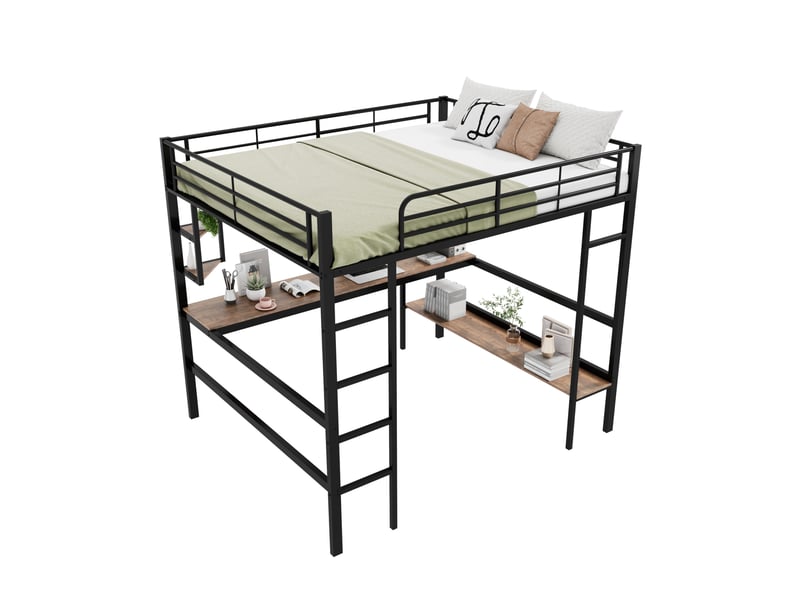  Lit mezzanine 140x200 cm avec bureau et bibliothèque métal et mdf noir sans matelas  - Conforama E