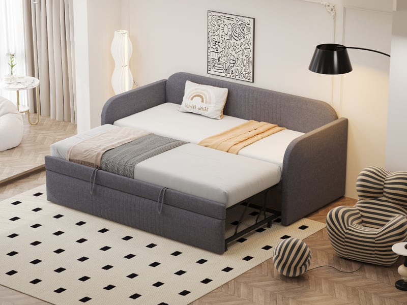  Lit enfant rembourré 90x180190 cm, cadre de lit adulte avec cadre en lin, lit simple multifonction, lit 1 personne, gris  - Conforama R