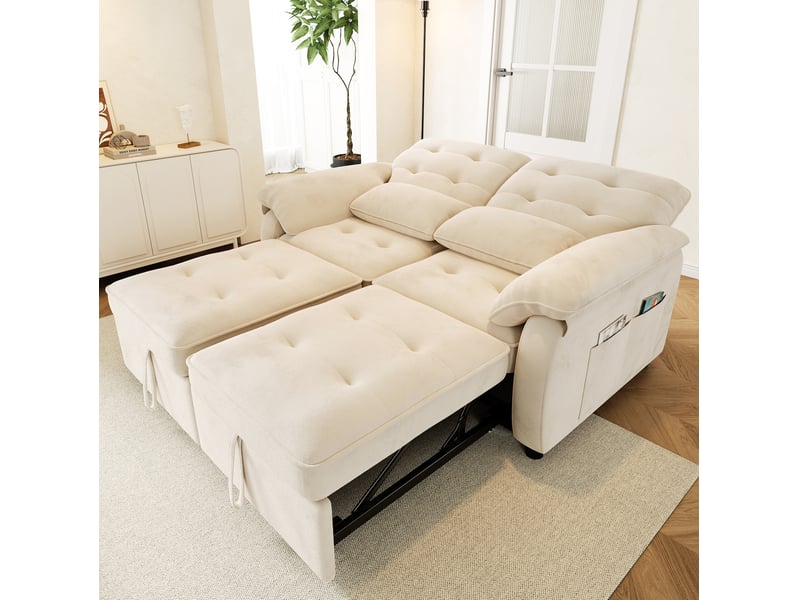 Canapé droit convertible 142x90x86,5cm 2 places, 2 coussins inclus, structure en bois et métal, tissu chenille, beige - Conforama E