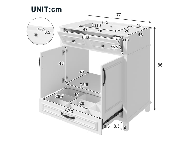  Meuble vasque salle de bain blanc 77 cm avec lavabo céramique intégré, 9 rangements et portes soft-close  - Conforama C