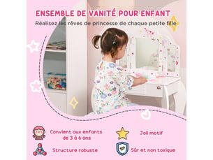Coiffeuse enfant avec tabouret, miroir triptyque et dim. 63l x 40l x 85,5h cm tiroir coulissant - coiffeuse