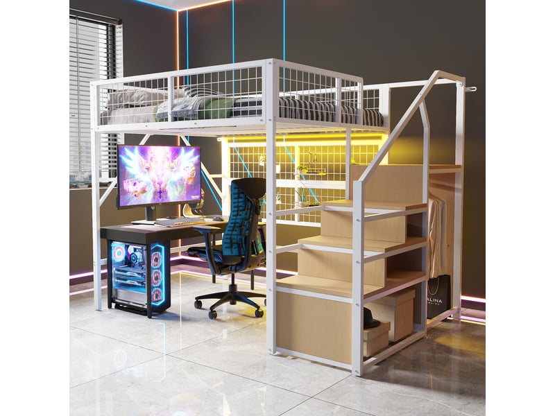  Lit superposé en métal 140*200 cm blanc, escalier avec rangement, ruban led application et penderie ouverte  - Conforama D