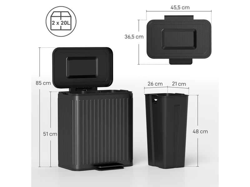  Poubelle de cuisine 2 x 20 l noire en métal et plastique, pédale et bacs amovibles pour le tri des déchets  - Conforama C