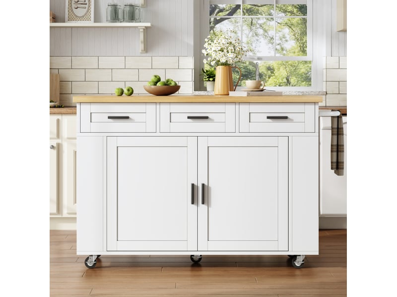  Îlot de cuisine mobile 120x45(70)x84 cm, plateau pliant, prises et ports usb, naturel blanc  - Conforama E