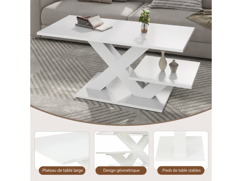  Table basse blanche rectangulaire à deux plateaux avec pieds en x, effet brillant, 100 x 48 x 45 cm  - Conforama D