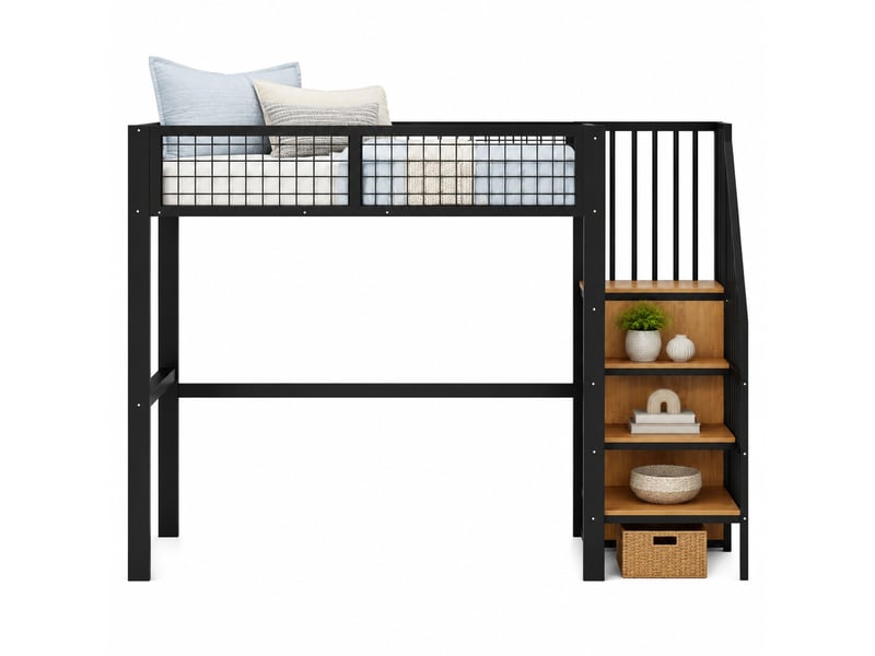  Lit mezzanine tcqpz 90 x 200 cm avec échelle rangement armoire métal noir  - Conforama A
