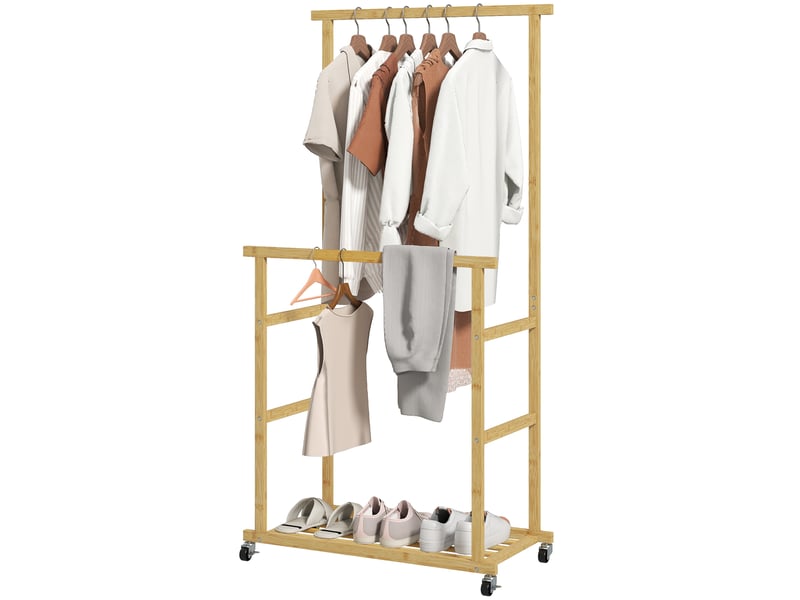  Portant à vêtements en bambou avec 2 barres, étagère inférieure et 4 roulettes, 80 x 40 x 160 cm, bois naturel  - Conforama B