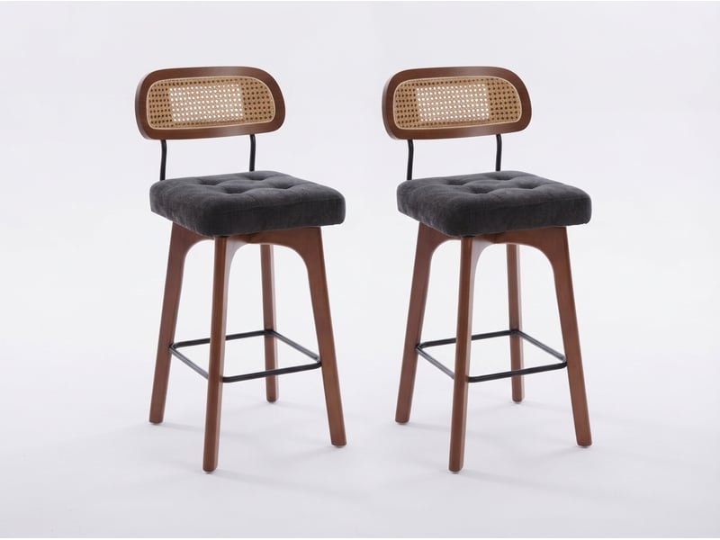  Lot de 2 tabourets de bar pivotants avec dossier effet rotin et assise en chenille beige, piètement bois et métal, design pour îlot central et cuisine  - Conforama A