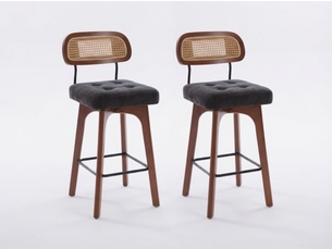 Lot de 2 tabourets de bar pivotants avec dossier effet rotin et assise en chenille beige, piètement bois et métal, design pour îlot central et cuisine