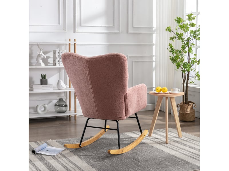 Fauteuil à bascule capitonné avec dossier haut ergonomique et accoudoirs rembourrés en tissu teddy rose, 80 × 70 × 95 cm - Conforama C