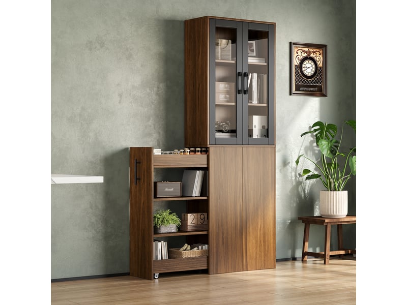  Meuble de rangement cuisine 60x30x180 cm avec portes vitrées, noir et naturel  - Conforama B