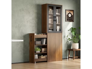 Meuble de rangement cuisine 60x30x180 cm avec portes vitrées, noir et naturel