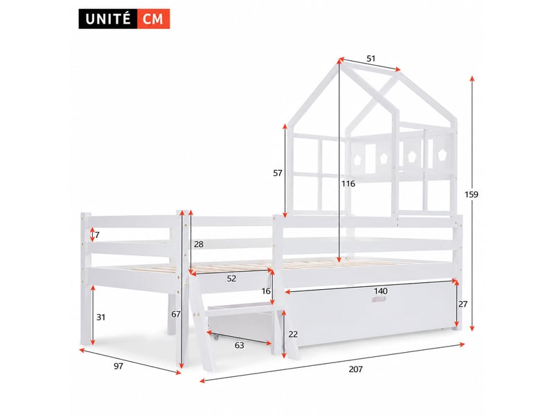 Lit mezzanine enfant 90x200 cm en bois massif, lit simple avec tiroir, échelle et barrières, sans matelas, blanc - Conforama D
