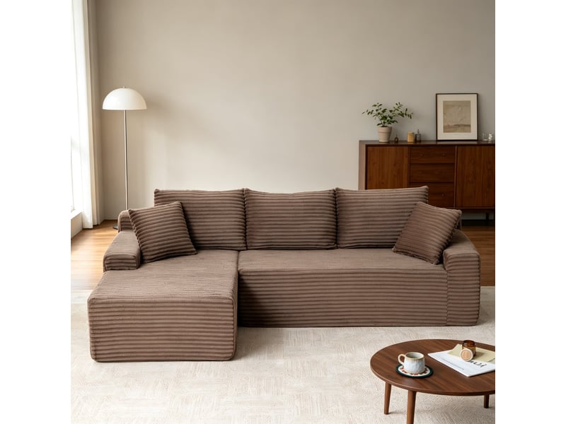  Canapé d’angle, velours côtelé, compact rembourré mousse, gauche, salonchambre, 79x239x156 cm, marron  - Conforama D